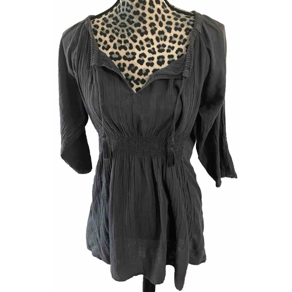 Athleta Top Tunic M Gray Hi Low Peasant Boho Cut Sleeves Tassel Tie Sheer